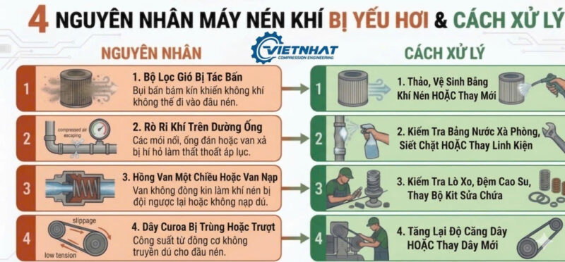 bảng tóm tắt nguyên nhân lỗi máy nén khí