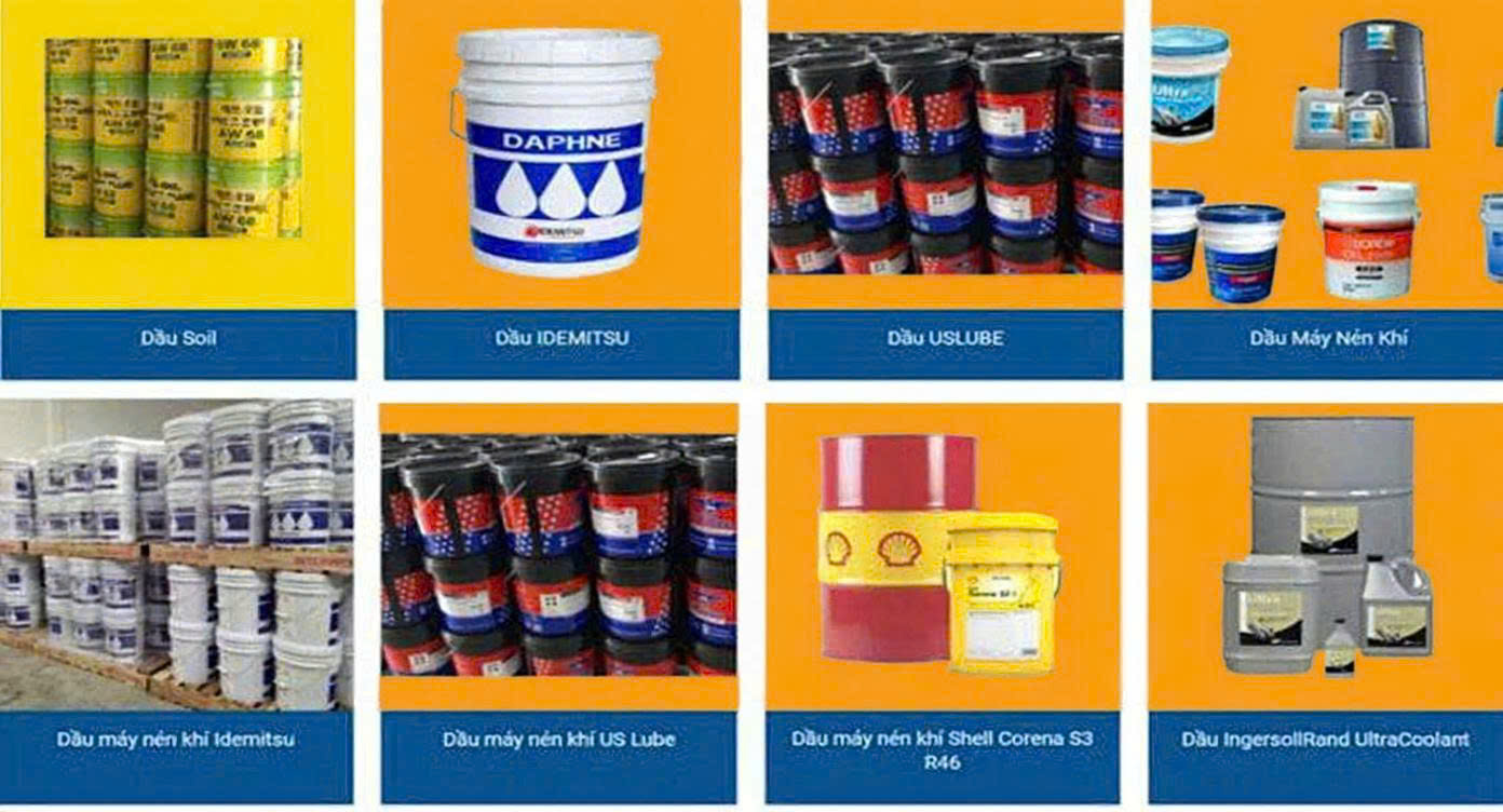các sản phẩm dầu công nghiệp như dầu Shell, dầu Soil, dầu IDEMITSU..vv và còn nhiều dầu máy nén khí FirstAir bôi trơn máy móc các loại dầu công nghiệp và dầu máy nén khí FirstAir