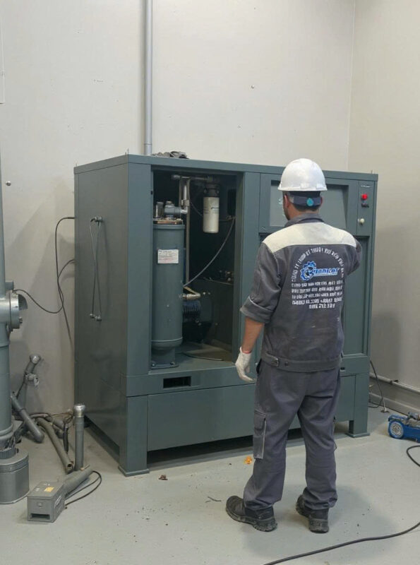 Kỹ thuật viên Việt Nhật đang kiểm tra đại tu đầu nén máy nén khí trục vít Hitachi Nhật bãi cho một xưởng cơ khí tại huyện Tam Đường, Lai Châu.