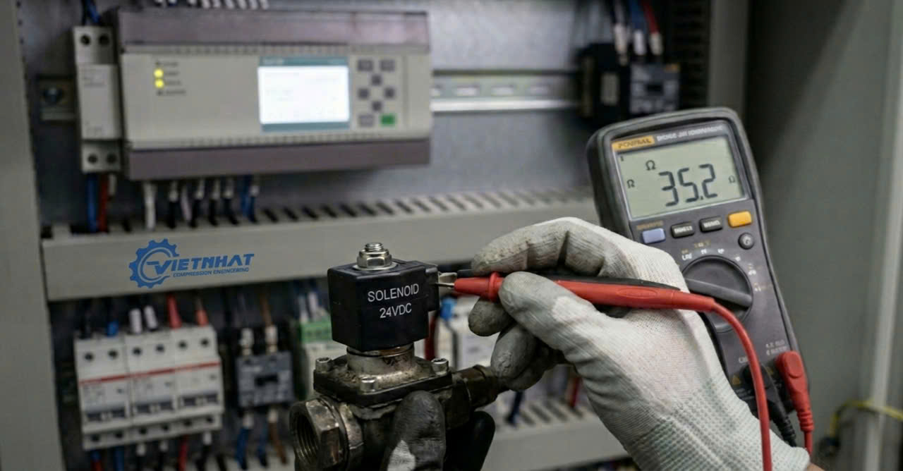 Kỹ thuật viên dùng đồng hồ vạn năng đo kiểm tra Solenoid và Cảm biến áp suất máy nén khí.