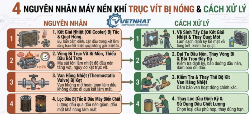 tóm tắt nguyên nhân máy nén khí trục vít bị nóng và cách khắc phục