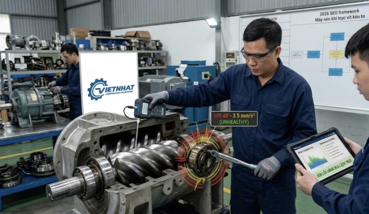 thợ việt nhật đang thay trục vít cho máy nén khí trục vít kêu to