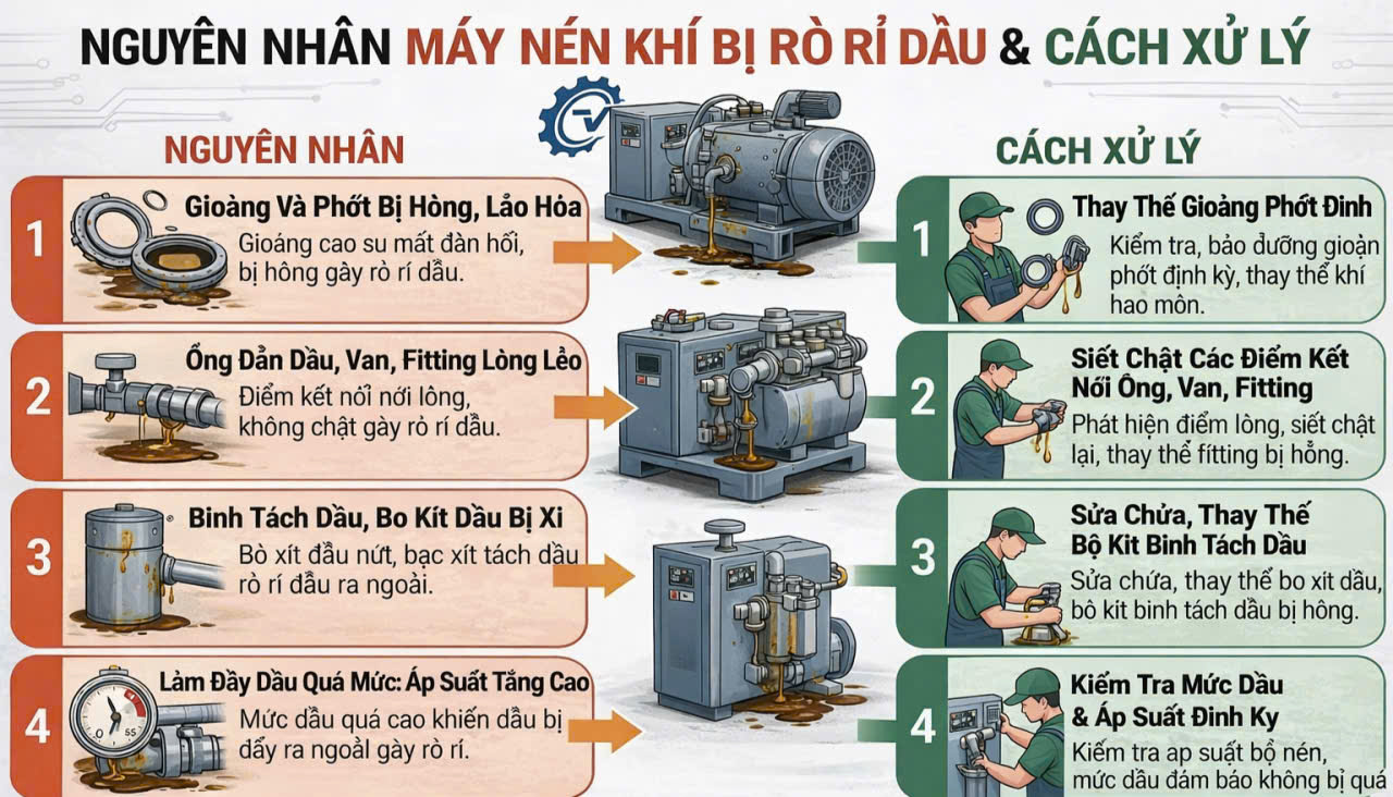 tóm tắt 4 nguyên nhân máy nén khí bị rò rỉ dầu và cách lhawsc phục
