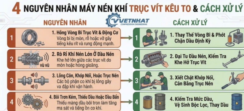 quy trình 4 bước kiểm tra sử lý máy nén khí trục vít kêu to