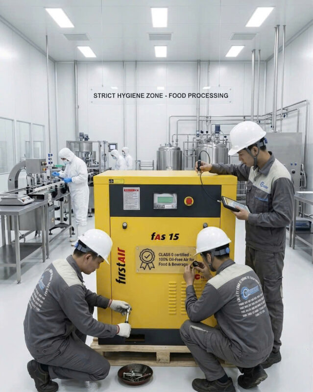 Đội ngũ kỹ sư thực hiện bảo trì định kỳ máy nén khí trục vít không dầu FAS 15 tại nhà máy thực phẩm đạt chuẩn vệ sinh