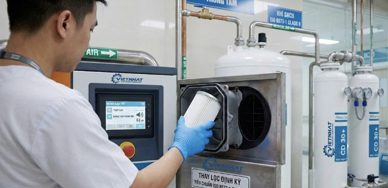 Kỹ thuật viên Việt Nhật thực hiện thay lõi lọc khuẩn định kỳ cho máy nén khí trục vít y tế đạt chuẩn Class 0. Kỹ thuật viên Việt Nhật thực hiện thay lõi lọc khuẩn định kỳ cho máy nén khí trục vít y tế đạt chuẩn Class 0.