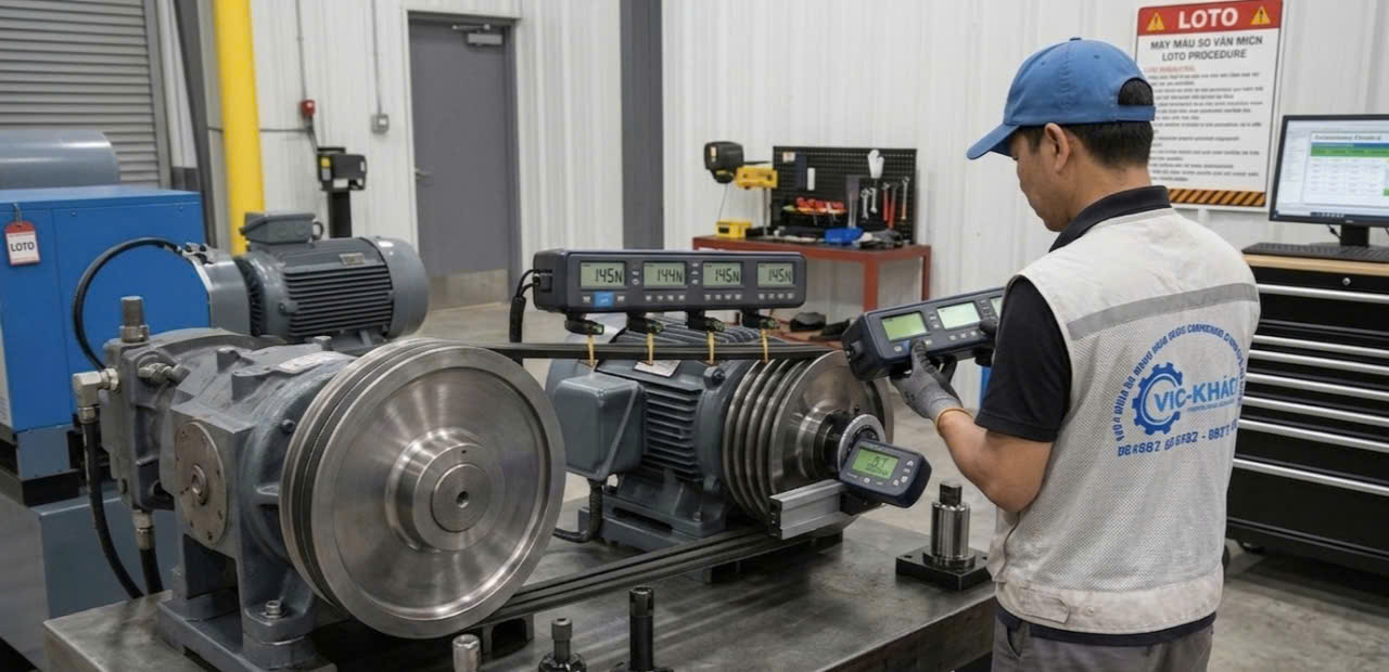 kỹ thuật thay thế dây curoa máy nén khí: từ tháo lắp, căn chỉnh độ thẳng hàng puli đến đo độ võng