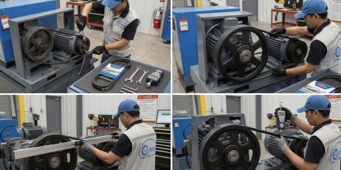 Các bước kỹ thuật thay thế dây curoa máy nén khí: từ tháo lắp, căn chỉnh độ thẳng hàng puli đến đo độ võng.