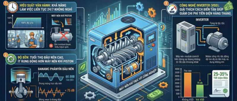Lợi ích lắp đặt máy nén khí trục vít biến tần VSD cho nhà máy sản xuất 2026.