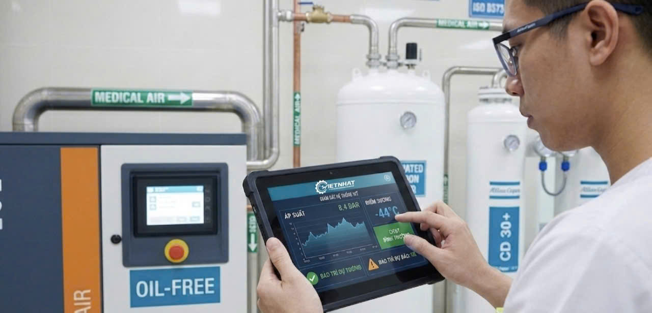 Giám sát thời gian thực áp suất và điểm sương hệ thống máy nén khí trục vít y tế qua công nghệ IoT. Giám sát thời gian thực áp suất và điểm sương hệ thống máy nén khí trục vít y tế qua công nghệ IoT.