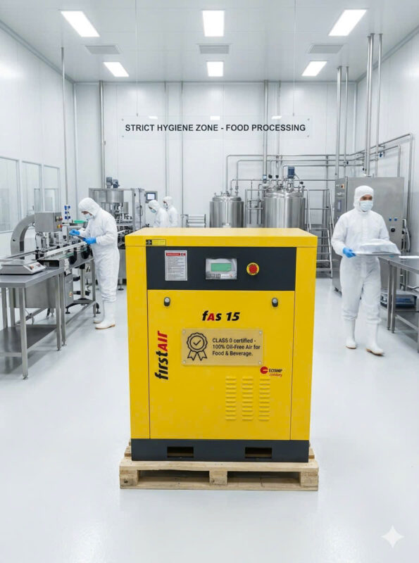 Máy nén khí trục vít không dầu đạt chứng chỉ Class 0 lắp đặt trong khu vực sản xuất thực phẩm nghiêm ngặt (Strict Hygiene Zone)