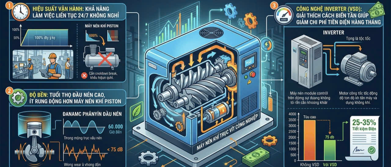 Máy nén khí trục vít là gì và ưu điểm vượt trội so với máy nén khí piston