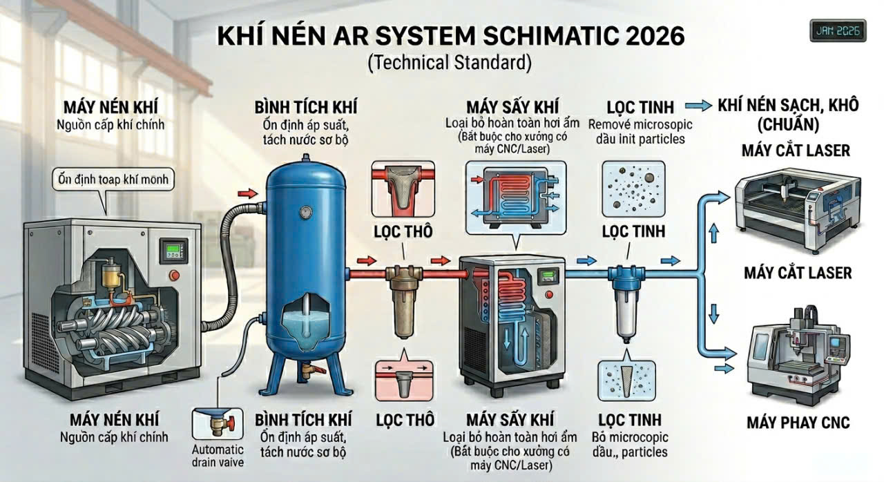 Sơ đồ lắp đặt máy nén khí trục vít chuẩn kỹ thuật 2026 cho nhà máy dệt may và CNC.