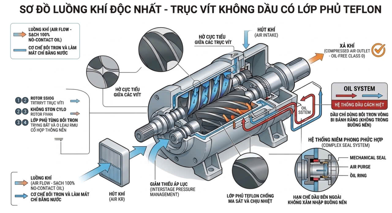Sơ đồ chi tiết nguyên lý hoạt động máy nén khí trục vít không dầu với lớp phủ Teflon chống ma sát và hệ thống làm mát bằng nước.